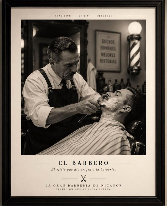 Cuadro El Barbero: un barbero de principios del siglo XX afeitando con navaja